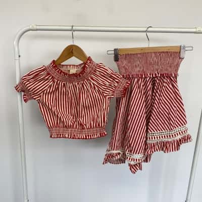 Scotch & Soda Dream On Red Beige Striped Short Sleeve Top With Skirt  Size 6 