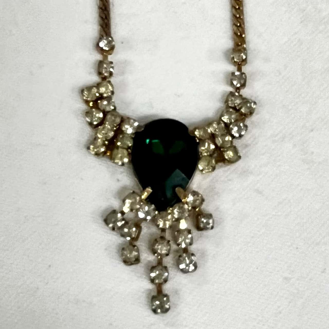 Vintage Gold Green Gem & Pearl Square Pendant Necklace