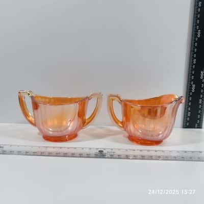 Vintage Duo Marigold Carnival Glass Sugar Bowl and Pourer 