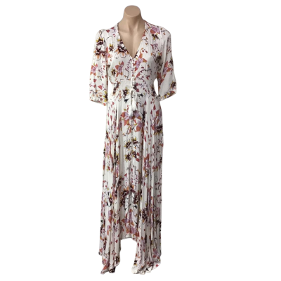 Womens approx Size S Cream / Pink  / Purple / Mustard Floral Short Sleeve Maxi Dress
