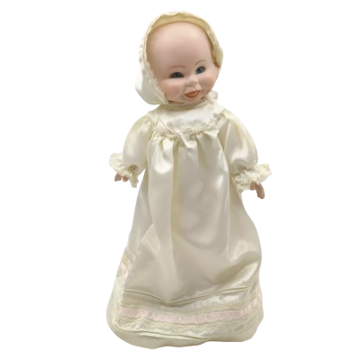 Vintage Albert E. Price Style 3 Faced Porcelain Doll In Christening Gown On Display Stand