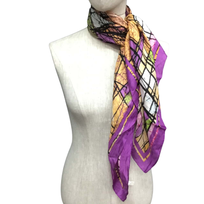  100% Silk Scarf with Purple Border Multicoloured 