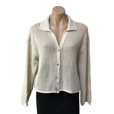 Moon & Madison Womens Size M Cream Open Knit Button-down Cropped Cardigan with Collar