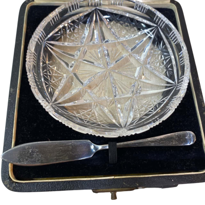 a vintage cut crystal dish with a small metal  knife