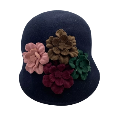  1920s Style Milana Women's Wool (Felted) Hat One Size Navy Blue with 4 Flowers