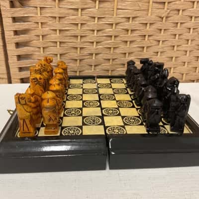 Vintage Hand Carved Stone Chess Set Collectable Game Father Timber Wooden Antique Handmade Birthday Gift Present Men’s Portable 