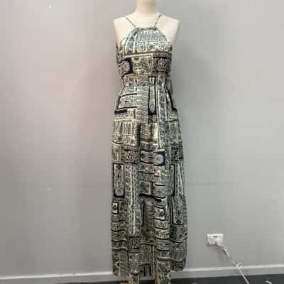 The Fated Womens  Size 10 Sateen Maxi Dress Black  / Green / Off White / Pattern 