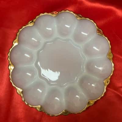 Vintage Anchor Hocking Milk Glass Deviled  Egg Plate Gold Trim Plate