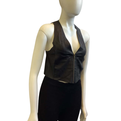 Flannel Womens Label Size S Leather Waist Coat Black 