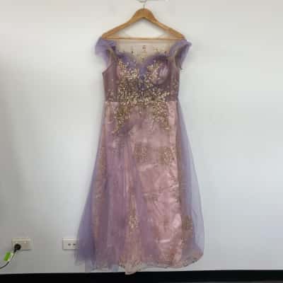NZ Bridal Purple Gold Embellished Short Sleeve Mesh Maxi Dress Size L 