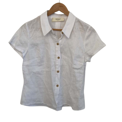 Jacqui-E Womens Linen Size 8 Button Up Top / Short Sleeve Top White 