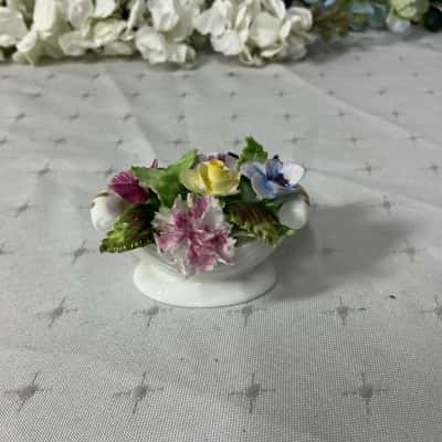 Vintage Royal Adderley White Bone China Bowl with Floral Bouquet Ornament