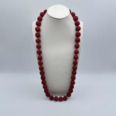  Vintage Chinese Carved Red Cinnabar Lacquer Bead Necklace with Silver Clasp