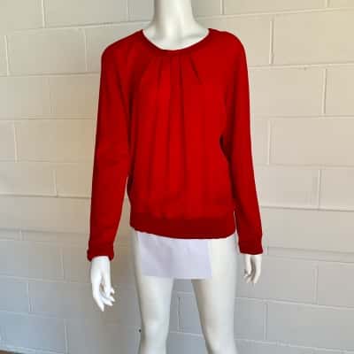 David Lawrence  Size M Red Long-Sleeve Top - Silk, Cotton and Cash ere blend