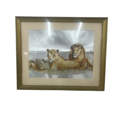 Vintage Josephine Marsh Lion Family Foil Picture 23x27cm