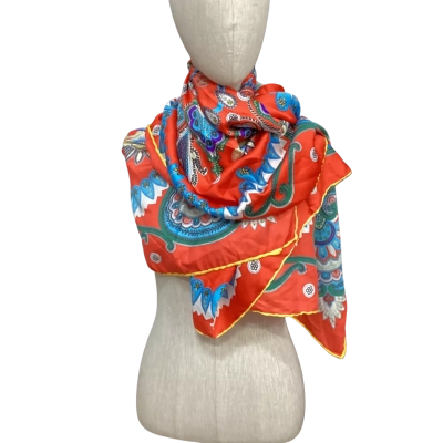 Pierre Lauren Vibrant Scarf with Intricate Paisley Mandala Print Blue / Orange 
