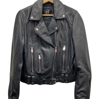 Zara Womens  Size 8-10 LEATHER Biker Jacket Black  