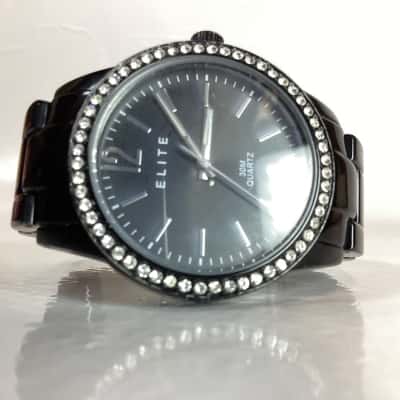 Elite ladies Watch : crystal-embellished bezel & black ceramic-style band