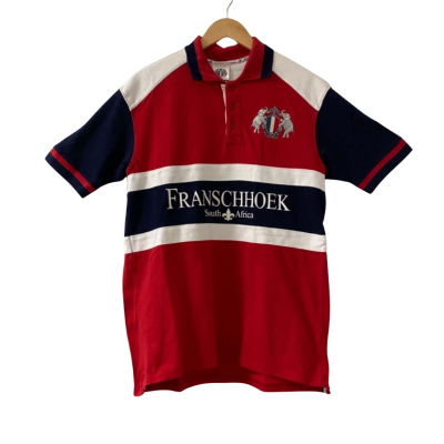FRANSCHHOEK Men's Red, White & Blue Rugby Polo Shirt Size L Elephant 