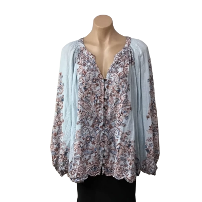 Just Jeans Womens Size 24 Pale Blue / Beige / Brown Pattern Button up Long Sleeve Top 