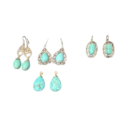  Womens Earrings x 4 silver tone and aqua stones