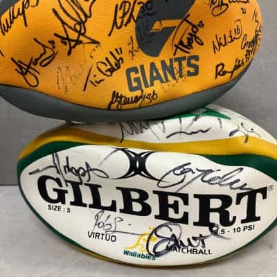 Gilbert, wallaby’s match ball signed and Giants signed AFL ball