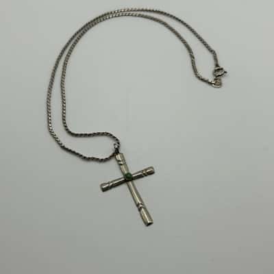 Green Malachite or Turquoise Stone Cross with chain, 925 Sterling Silver 
