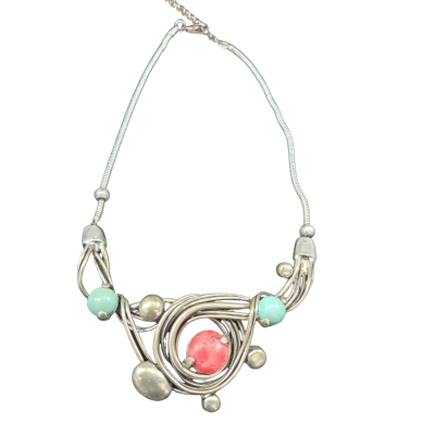 Silver-tone Necklace with Red & Blue Stones