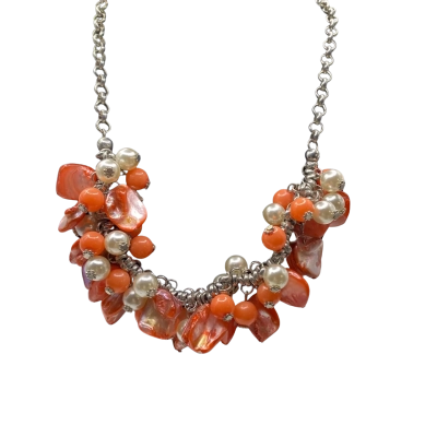  Women's Coral / Orange / Pearl / Silver necklace 