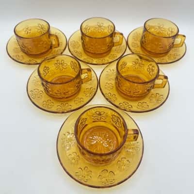 Vintage 1970s Vereco France Daisy Cups & Saucers - Amber - Glass Set of 6