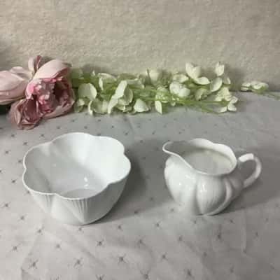 Vintage Shelley White Fine Bone China Fluted Edge Open Sugar Bowl & Milk Jug