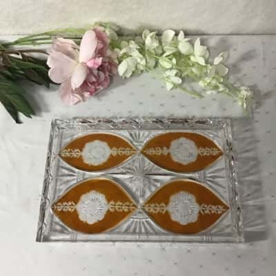 Vintage Decorative Clear & Amber Floral Panels Cut Glass Rectangular Serving Tray