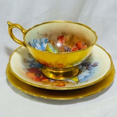 VINTAGE Aynsley Hand Painted Cabbage Rose Tea Cup Saucer & Plate 1930s