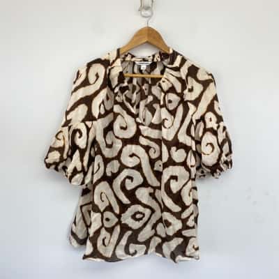 Country Road Beige Brown Print Silk Blend Short Sleeve Top  Size 16 