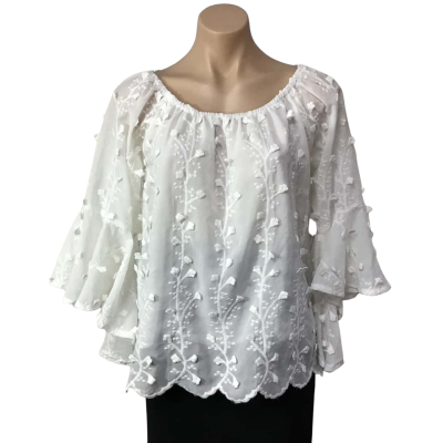 Caroline Morgan Womens Size 8 White Embroidered Pattern 3/4 Sleeve Top