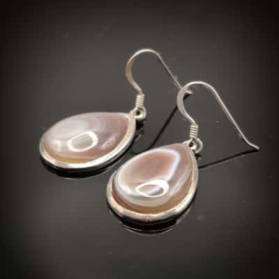 Similar To Botswana Agate - 2cm Long Polished Agate Drop Earrings In 925 Silver Mounts & Hooks