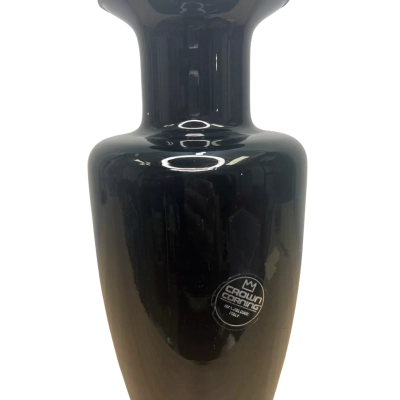 Vintage Crown Corning Hand Blown Italy Black Glass  Vase Original Sticker 