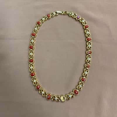  Womens Gold Tone Necklace with Red Stones and Diamanté Accents