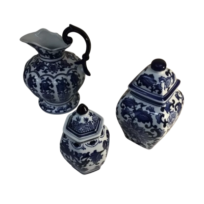 Blue and White Patterned Jug and Jars as pictured 
