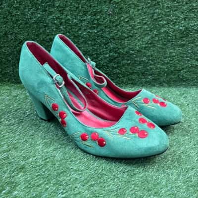 Lulu Hun Green Mary Jane Cherry Shoes Size 8