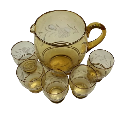 Vintage Amber glass jug and 5 glasses
