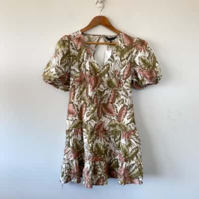 French Connection Tropical Short Sleeve Linen Cotton Mini Dress Size 10