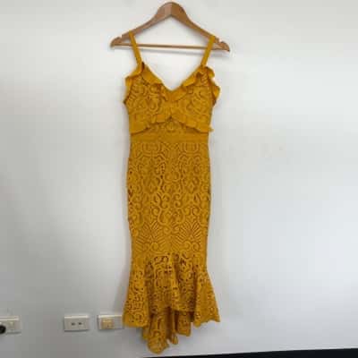 Two Sisters Mustard Lace Bodycon Midi Dress  Size 8 