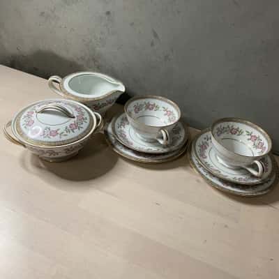 Noritake "Cordell" Milk Jug, Sugar Bowl, 2 Cup + Saucers + Plate Sets