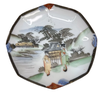 Japanese Kutani Small Plate Octagonal Landscape & People 