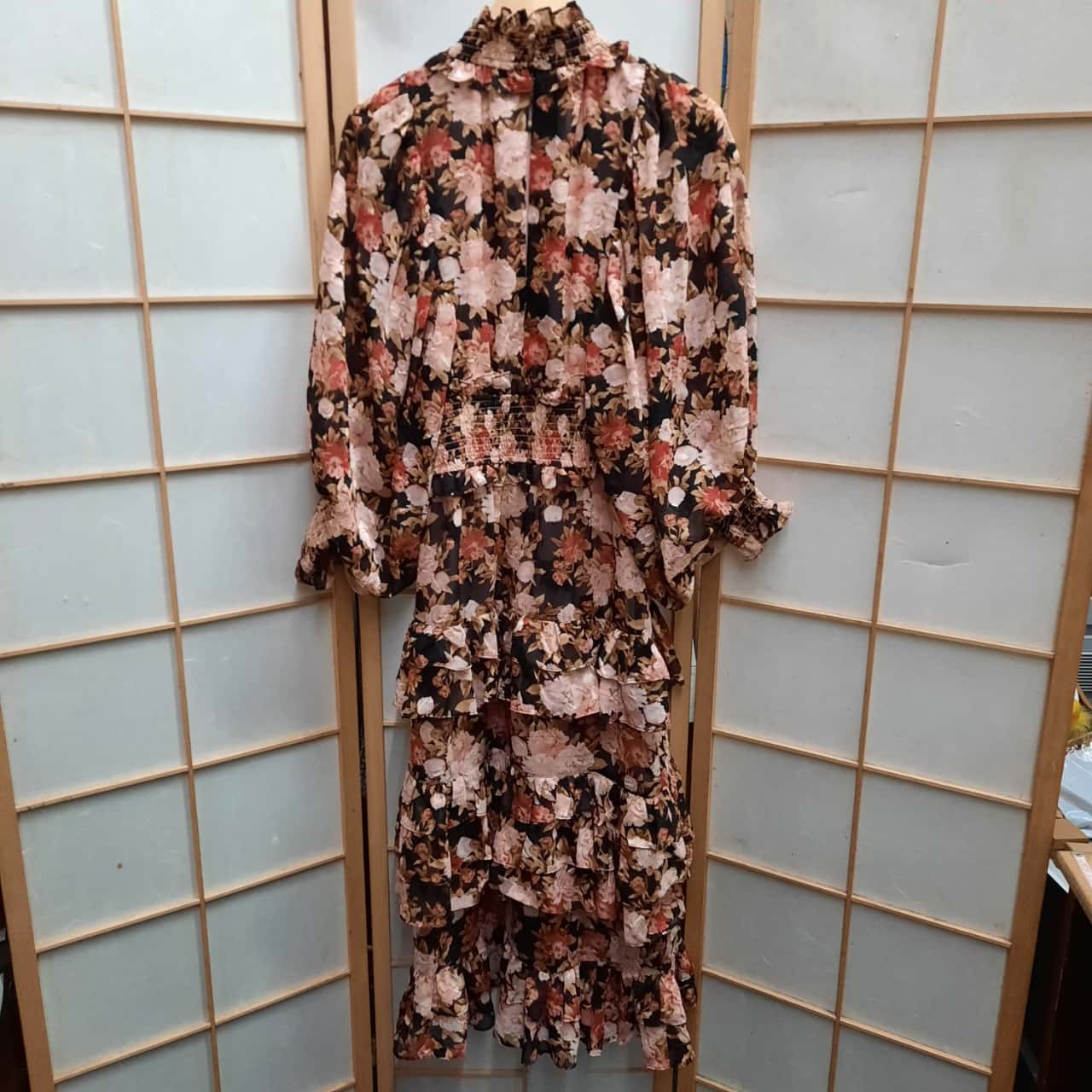 chinese dress ladies Floral Print Puff Sleeve Midi Dress
