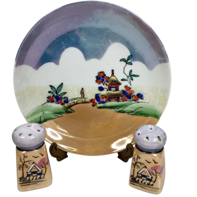 Vintage Japanese Lusterware salt & pepper shaker and plate