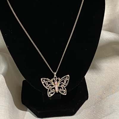  925 SILVER Butterfly Pendant Necklace - both pieces marked