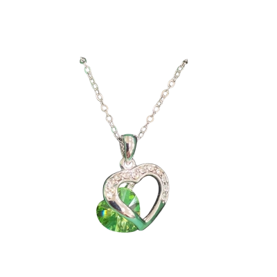  Womens silverplate Necklace 20cm drop. Heart pendant with green stone and crystals