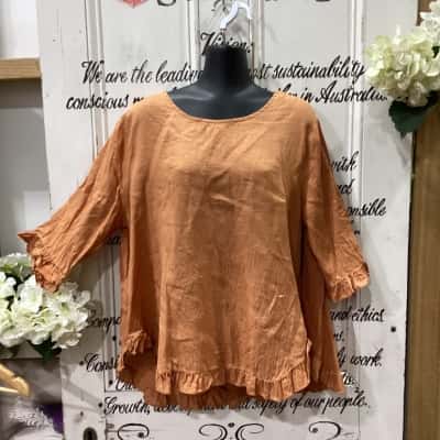 AMYIC BRAND ! OVER SIZED STYLE RUFFLED HEM LINEN SHIRT! Womens  Size 12 Short Sleeve Shirt / Short Sleeve Top Burnt Orange 